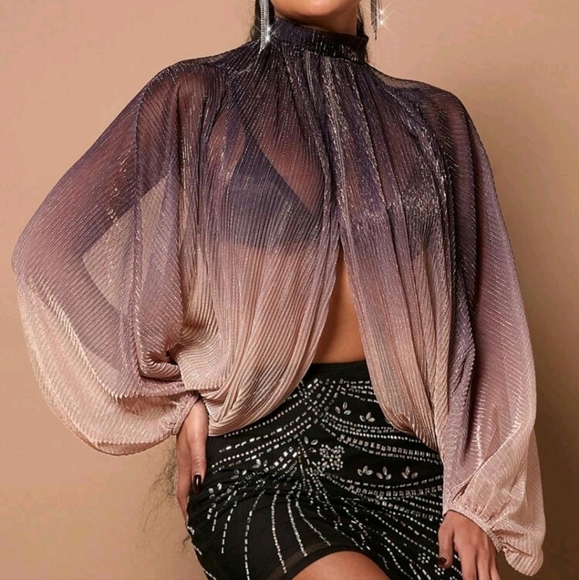 Ombre Glitter Pleated Mock Neck Top - Picture 1 of 5